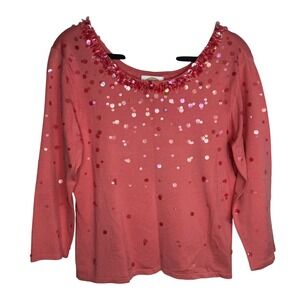 Talbots Coral Sequin Embellished Scoop Neck Sweater‎ Top Size L Holiday Party